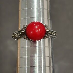 Coral and Marcasite 925 Silver Plated Ring Size 8.5